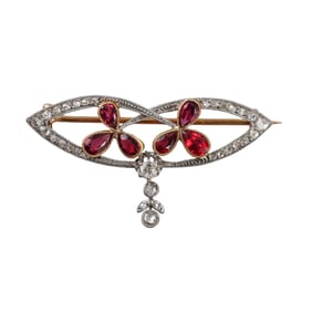 Antique Platinum Gold Diamond Ruby Brooch Pin