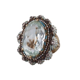 Antique Art Deco 18k Gold 10 ct Aquamarine Seed Pearl Enamel Ring