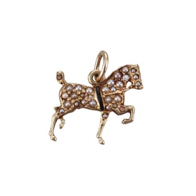 Antique 14k Gold Seed Pearl Enamel Horse Pendant Charm