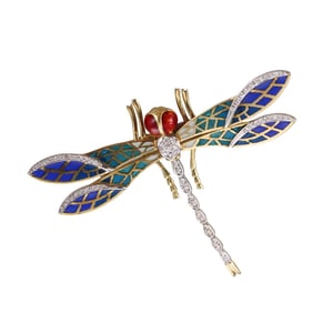 Italian 18k Gold Plique a Jour Enamel Diamond Dragonfly Brooch