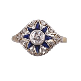 Art Deco 18k Gold Platinum Diamond Sapphire Ring