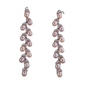 18k Gold Diamond Pearl Long Drop Earrings
