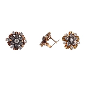Continental 18k Gold Silver Diamond Flower Earrings Ring Set