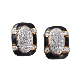 1980s 18k Gold 3.15ctw Diamond Black Enamel Earrings