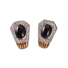 1980s 18k Gold Onyx Diamond Earrings