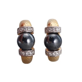 1980s 18k Hammered Finish Gold Hematite Diamond Hoop Earrings