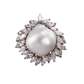 Platinum 4 ctw Diamond Baroque Pearl Cocktail Ring