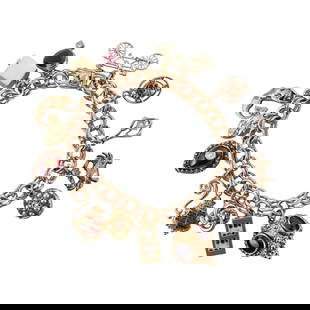 Vintage Gold Pearl Diamond Enamel Charm Bracelet: Metal  : 10k 14k 18k Gold  Designer  : Not Signed  Gemstone  : Diamonds, Pearls, Garnet.  Measurements  : Bracelet is 6.75" long (does not open, needs adjustment/repair).  Marked:  : Bracelet is 1