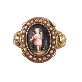 Antique 18k Gold Seed Pearl Miniature Portrait Ring