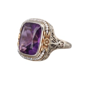 Art Deco Filigree 18k Gold Seed Pearl Amethyst Ornate Ring