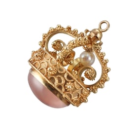 Etruscan Beading 18k Gold Pearl Rose Quartz Pendant
