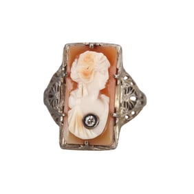 Art Deco Filigree 14k Gold Cameo Diamond Ring