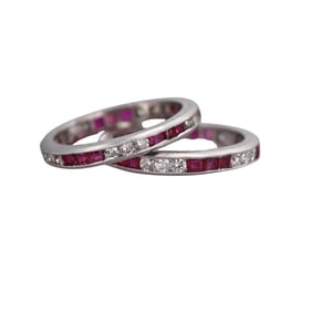 Platinum Diamond Ruby Eternity Wedding Band Ring Set of 2