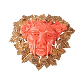 Large Buccellati Gold Carved Coral Bacchus Head Brooch Pendant