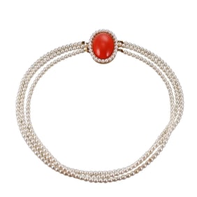 14k Gold Coral Pearl 3 Strand Necklace