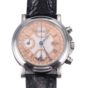 Rare RGM Stainless Steel Rose Gold Dial Triple Date Chronograph Watch 111M
