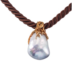 Arthur King 1970s 18k Gold Baroque Pearl Pendant Cord Necklace