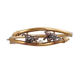 Antique 14k Gold Silver Pearl Diamond Cat Bangle Bracelet