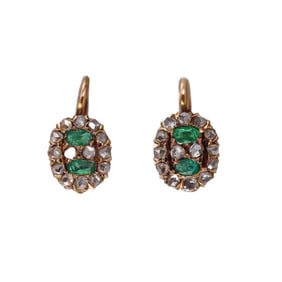 Antique 18k Gold Diamond Emerald Earrings