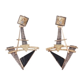 Eric Russell Modernist 22k 18k Gold Silver Diamond Geometric Earrings