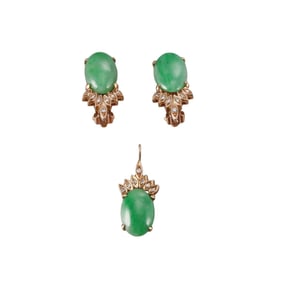 14k Gold Jade Diamond Earrings Pendant Set