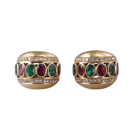 1980s 18k Gold Ruby Emerald Diamond Half Hoop Earrings