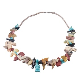 Native American Zuni Sterling Gemstone Animal Motif Fetish Necklace Large