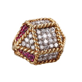 1960s 18k Gold Woven Diamond Ruby Cocktail Ring