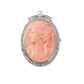 Antique 14k Gold Diamond Coral Cameo Pearl Brooch Pendant