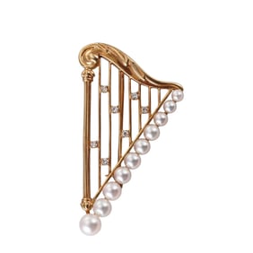Mikimoto 18k Gold Diamond Pearl Harp Brooch Pin