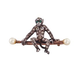 Antique Georgian Silver Gold Paste Pearl Monkey Brooch Pin