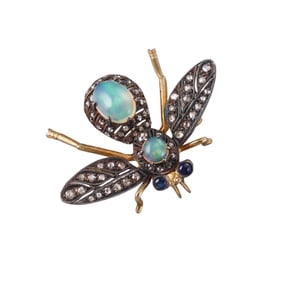14k Gold Silver Opal Diamond Sapphire Bee Insect Brooch Pendant