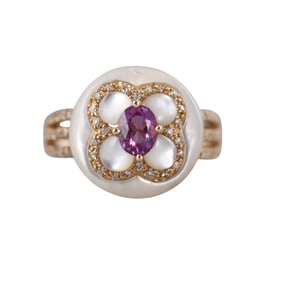 14k Gold Diamond Amethyst MOP Flower Ring