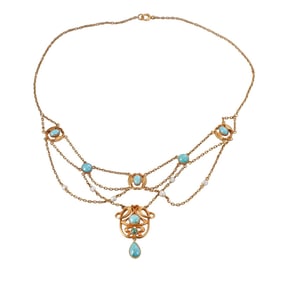 Art Nouveau 14k Gold Turquoise Pearl Pendant Necklace