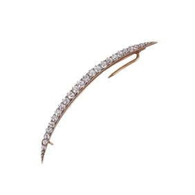 Antique 14k Gold Silver Old Mine Diamond Crescent Moon Brooch