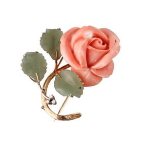 Vintage 14k Gold Carved Nephrite Coral Diamond Rose Flower Brooch