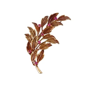 Tiffany & Co Midcentury 18k Gold Ruby Leaf Motif Brooch Pin