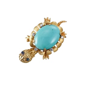 1960s 18k Gold Diamond Turquoise Sapphire Turtle Brooch Pin