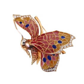 18k Gold Plique a Jour Diamond Butterfly Brooch Pin