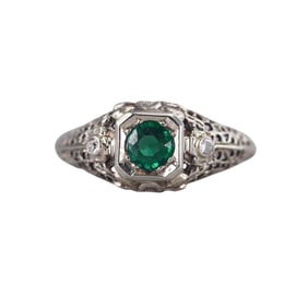 Art Deco Filigree 14k Gold Diamond Emerald Engagement Ring