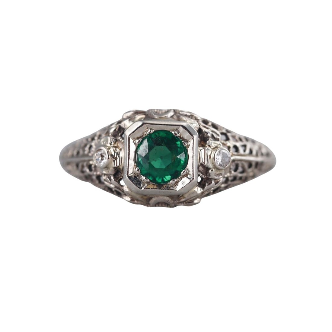 Art Deco Filigree 14k Gold Diamond Emerald Engagement Ring (1 of 3)