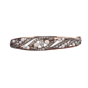 Antique Victorian 14k Gold Diamond Pearl Bangle Bracelet