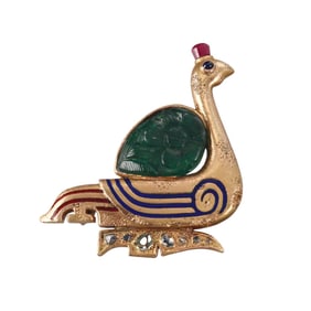 Egyptian Revival 22k Gold Carved Emerald Ruby Sapphire Brooch