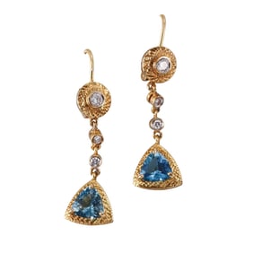 18k Gold Diamond Blue Topaz Drop Earrings