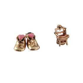 Vintage 14k Gold Enamel Baby Shoes High Chair Charm Lot of 2