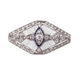 Art Deco Filigree Platinum Diamond Sapphire Brooch Pin