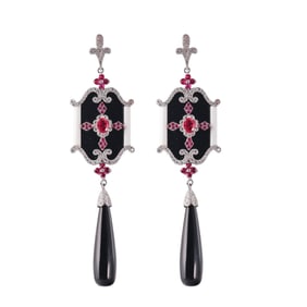 18k Gold Onyx Diamond Ruby Long Drop Earrings