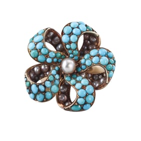 Antique 14k Gold Pearl Turquoise Flower Ring