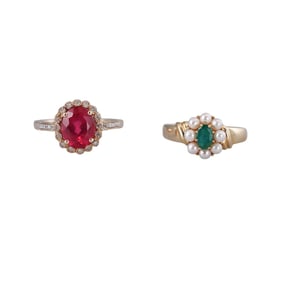 14k Gold Pearl Emerald Diamond Tourmaline Ring Lot of 2