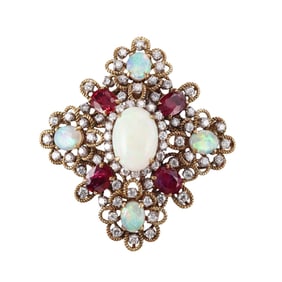 1960s 18k Gold Ruby Diamond Opal Pendant Brooch